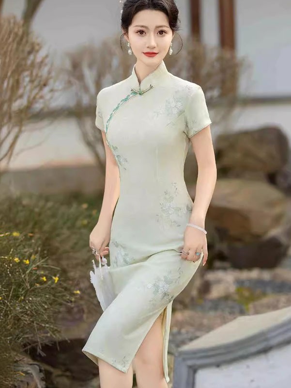 Green Embroidered Floral Lace Cheongsam Qipao Dress
