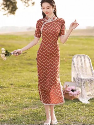 Summer Red Stripe Mid Qipao Cheongsam Dress