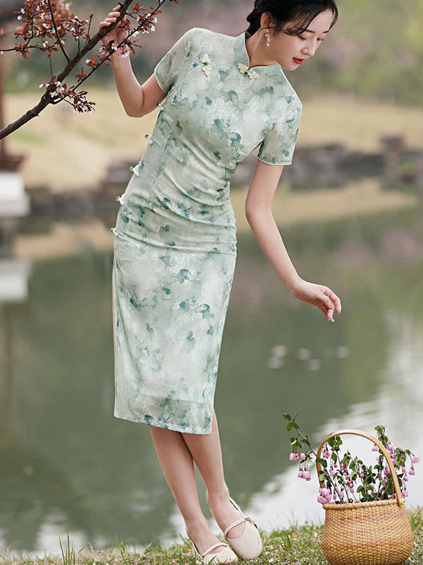 2024 Green Floral Qipao Cheongsam Dress