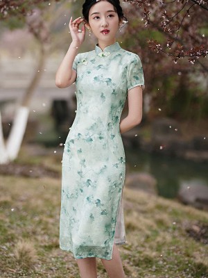 2024 Green Floral Qipao Cheongsam Dress