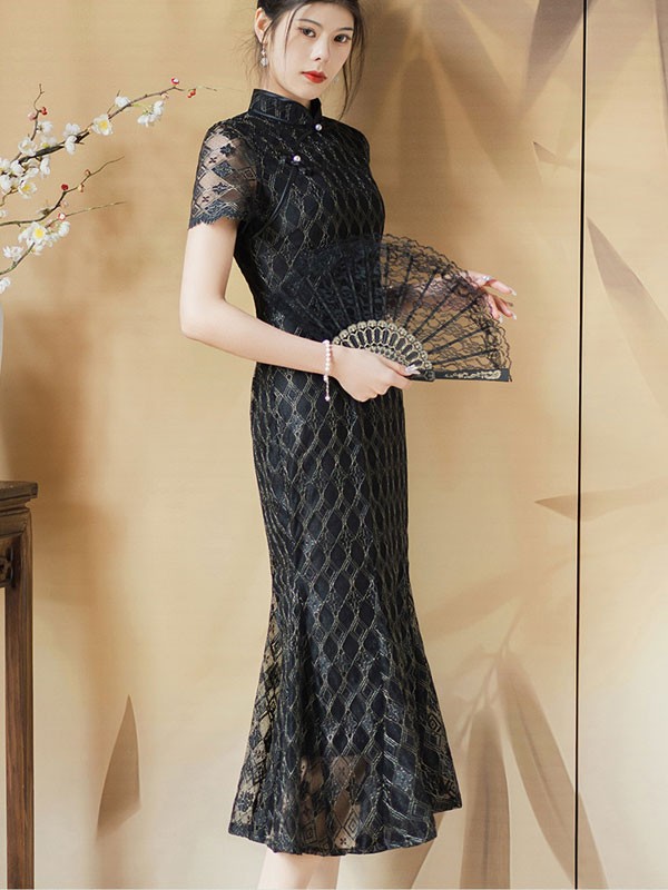 Black Plaid Lace Midi Fishtail Qipao Cheongsam Dress