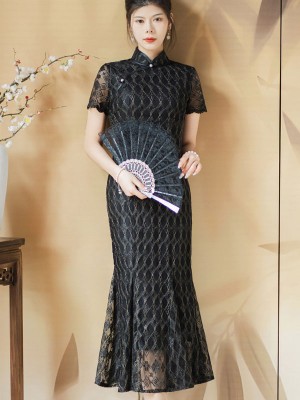 Black Plaid Lace Midi Fishtail Qipao Cheongsam Dress