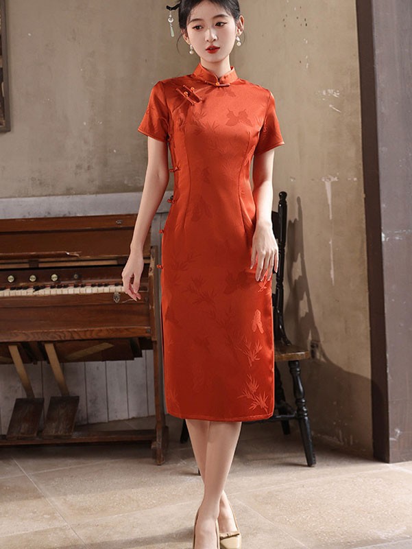 Red Embroidered Jacquard Midi Wedding Bride Cheongsam Qipao Dress