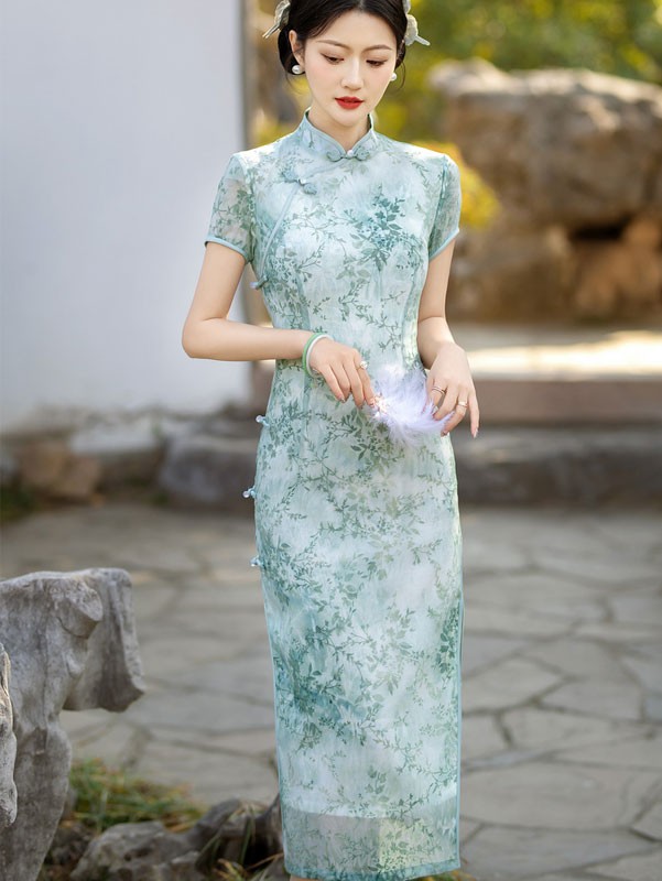 Green Floral Mulberry Silk Midi Qipao Cheongsam Dress