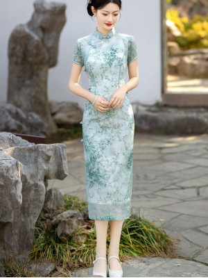 Green Floral Mulberry Silk Midi Qipao Cheongsam Dress