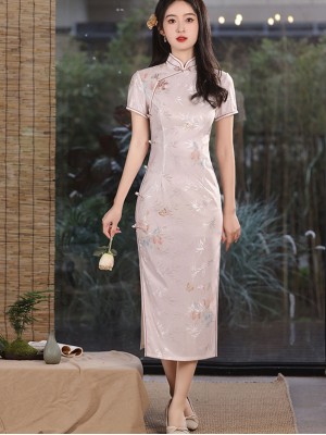 Pink Jacquard Floral Cheongsam Qipao Dress