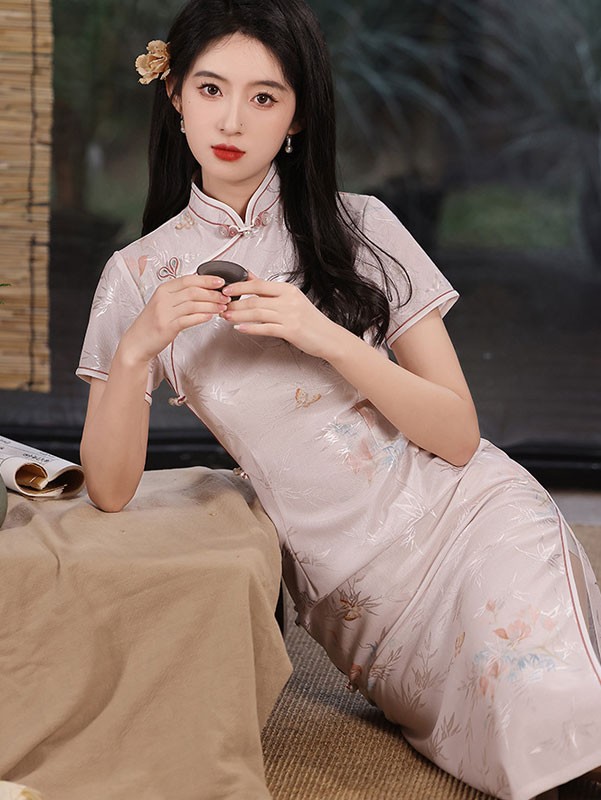 Pink Jacquard Floral Cheongsam Qipao Dress