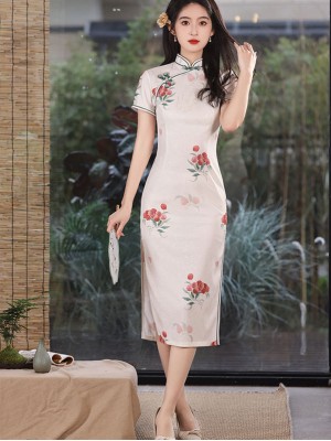 White Strawberry Print Midi Cheongsam Qipao Dress