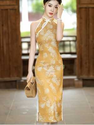 Yellow Floral Halter Cheongsam Qipao Dress