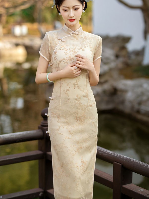 Yellow Floral Mulberry Silk Midi Qipao Cheongsam Dress
