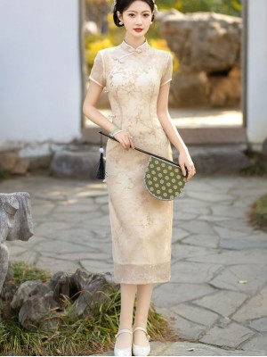 Yellow Floral Mulberry Silk Midi Qipao Cheongsam Dress