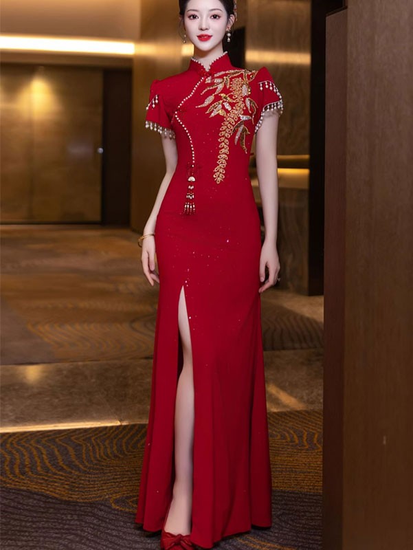 Burgundy Shimmer Appliques Fishtail Wedding Qipao Cheongsam Dress