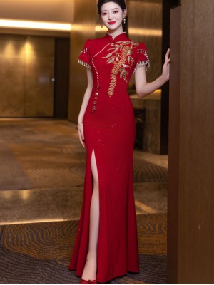 Burgundy Shimmer Split Fishtail Wedding Qipao Cheongsam Dress