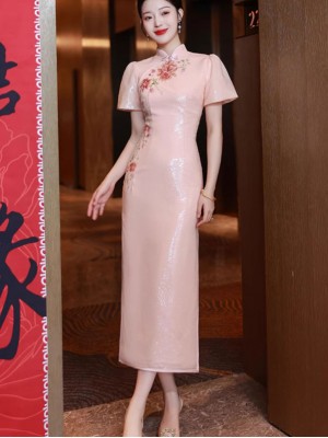Pink Sequins Embroidered Wedding Cheongsam Qipao Dress