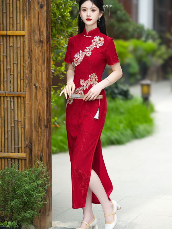 Red Jacquard Appliques Wedding Cheongsam Qipao Dress