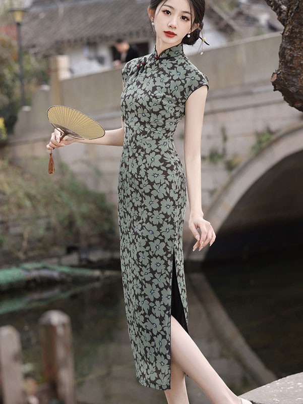 2024 Floral Print Cheongsam Qipao Dress