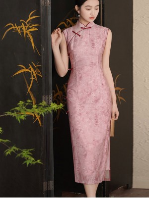Pink Floral Sleeveless Cheongsam Qipao Dress