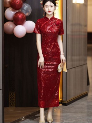 Red Sequins Appliques Cheongsam Qipao Prom Dress