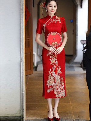 Red Sequins Phoenix Wedding Cheongsam Qipao Dress