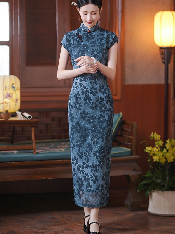2024 Floral Print Cheongsam Qipao Dress