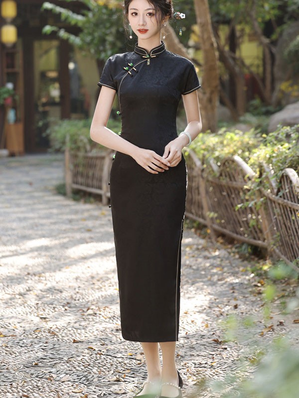 Black Jacquard Floral Long Cheongsam Qipao Dress