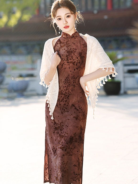 Coffee Floral Halter Cheongsam Qipao Dress