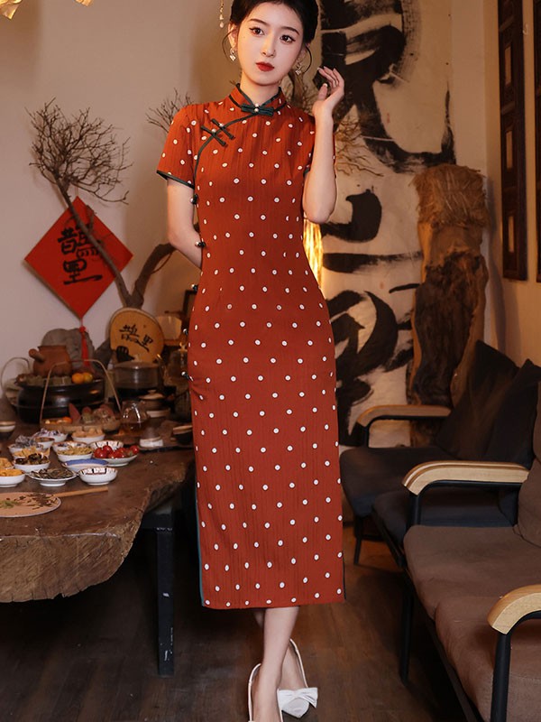 Orange Dots Print Cheongsam Qipao Dress