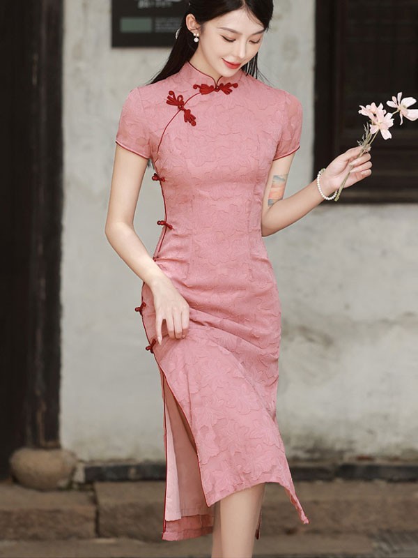Pink Jacquard Floral Midi Cheongsam Qipao Dress