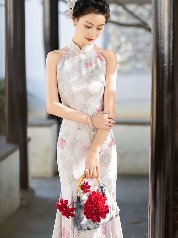 Floral Print Halter Fishtail Qipao Cheongsam Dress