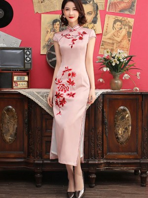 Pink Beaded Floral Embroidered Long Cheongsam Qipao Dress