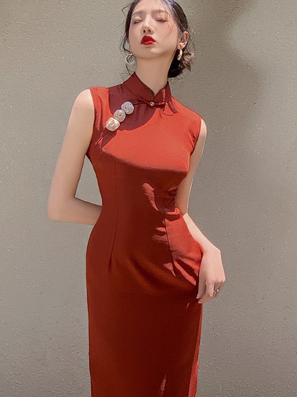 Orange Appliques Long Qipao Cheongsam Dress