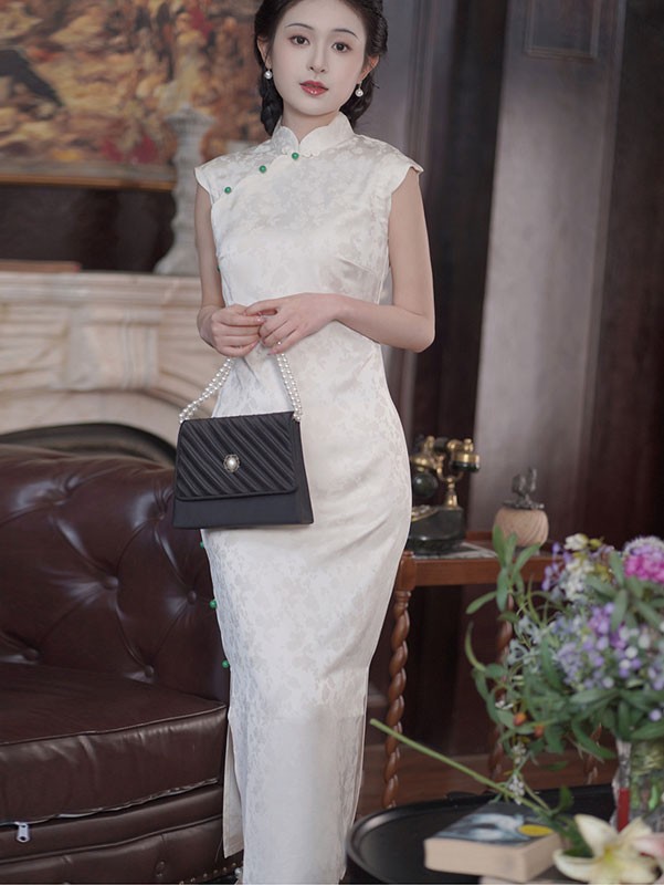 White Jacquard Floral Long Cheongsam Qipao Dress