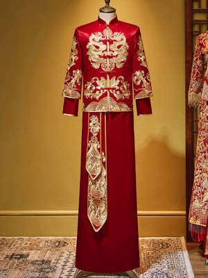 2026 Embroidered Dragon Men Wedding Qun Kwa Jacket & Skirt