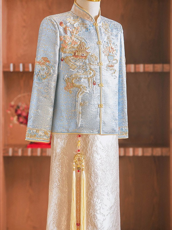 Jacquard Beads Dragon Men Wedding Qun Kwa Jacket & Skirt