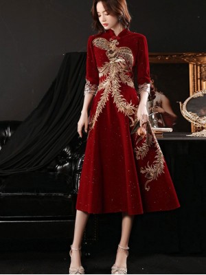 Burgundy Shimmer Phoenix Midi A-line Cheongsam Qipao Dress
