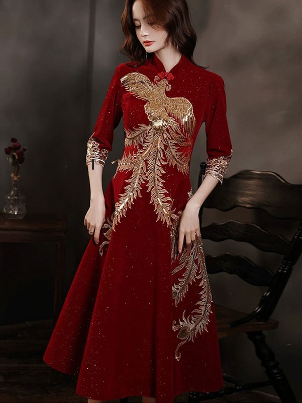 Burgundy Shimmer Phoenix Midi A-line Cheongsam Qipao Dress