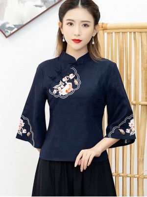 Blue Red Linen Qipao Cheongsam Blouse Top