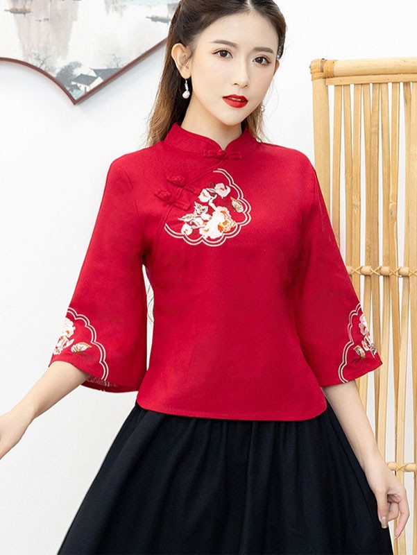2023 Summer Floral Linen Cheongsam Blouse Top