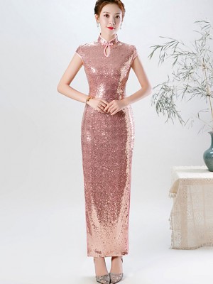 Pink Gold Sequins Long Qipao Cheongsam Evening Dress