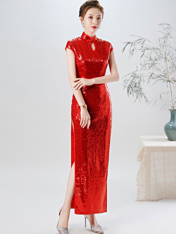 Pink Gold Sequins Long Qipao Cheongsam Evening Dress