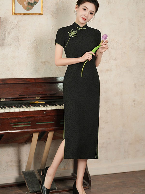 Purple Black Jacquard Floral Qipao Cheongsam Dress
