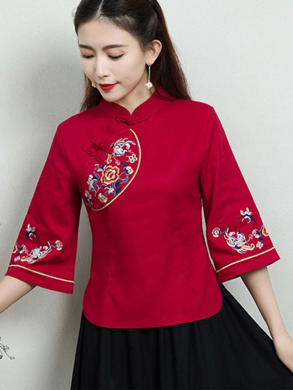 Red Embroidered Linen Qipao Cheongsam Blouse Top
