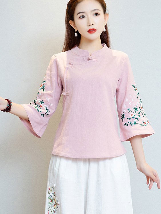 Pink White Embroidered Floral Cheongsam Blouse Top