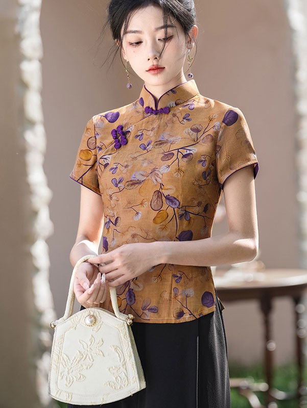 Green Floral Print Qipao Cheongsam Blouse Top
