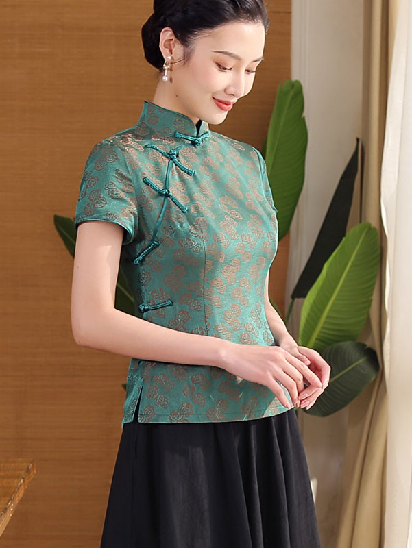 Green Jacquard Qipao Cheongsam Blouse Top