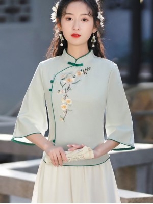 Green White Embroidered Cheongsam Blouse Top