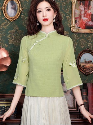 Green Embroidered Floral Cheongsam Blouse Top