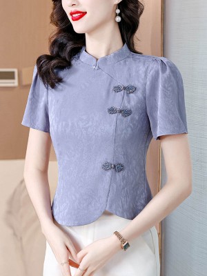 Blue Jacquard Cheongsam Blouse Top