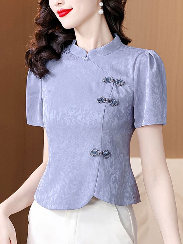 Purple Black Jacquard Cheongsam Blouse Top