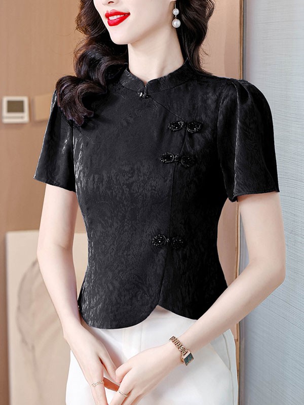 Purple Black Jacquard Cheongsam Blouse Top